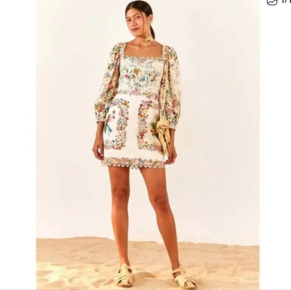 Farm Rio Delicate Forest Scarves Billowy-Sleeve Embroidered Mini - Picture 1 of 5